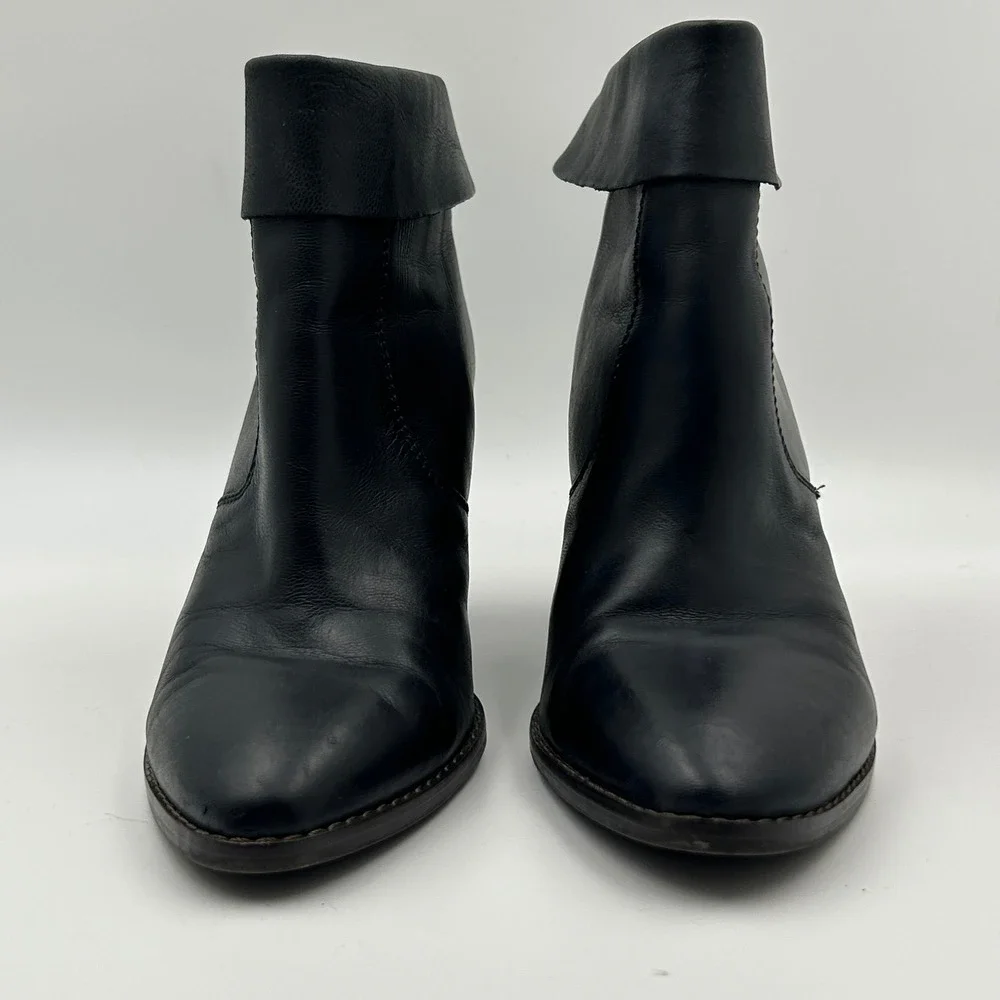 Lucky Brand Ankle Boots Womens‎ 6.5 Black Leather Fold Over Cuff Block Heel Chic
